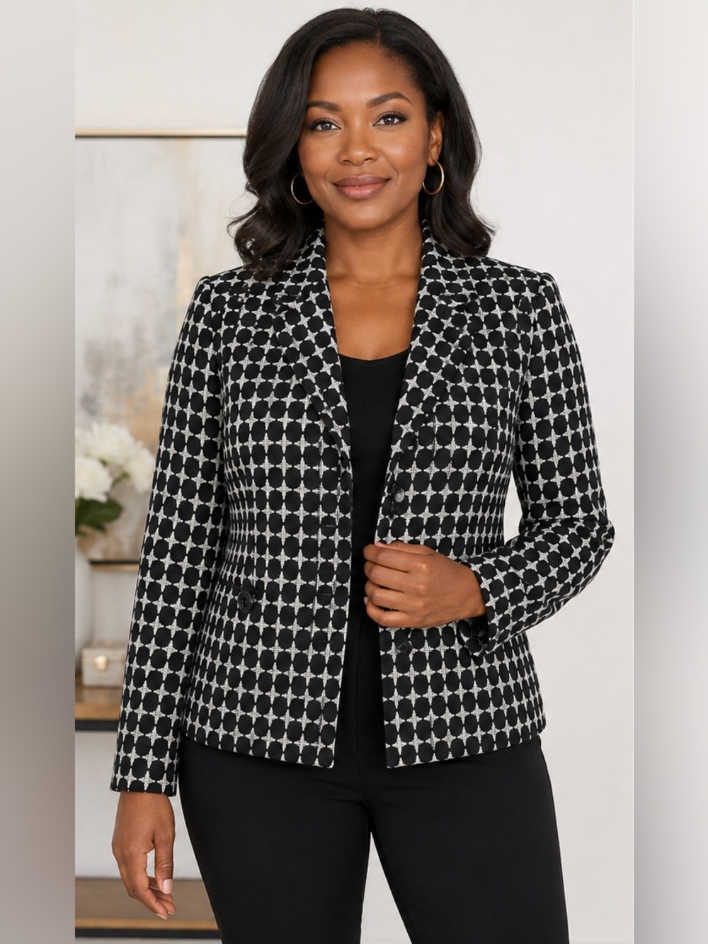 Focus 2000 Black and White Patterned Cropped Blazer